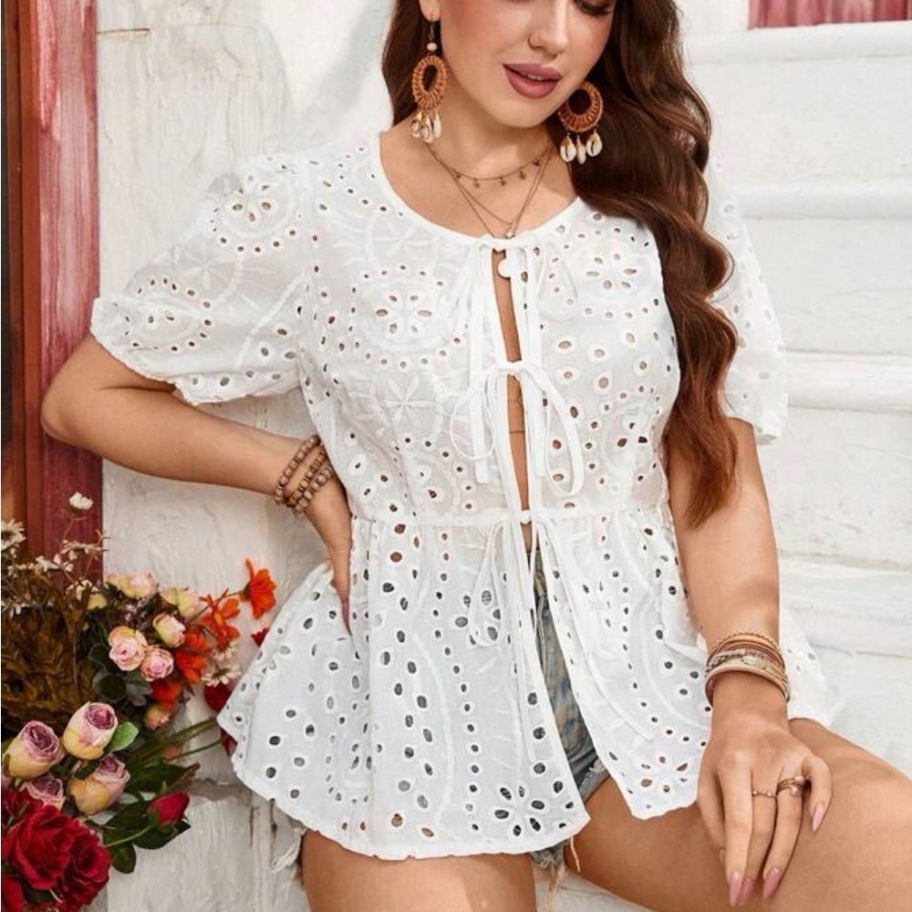 SHEIN White Eyelet Tie-Front Peplum Top